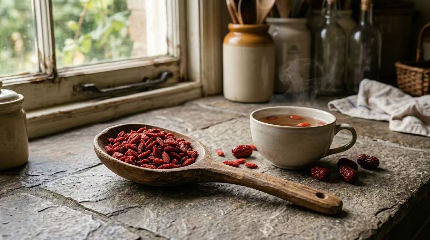 Fresh organic goji berries in a rustic wooden bowl - Eattonic TCM food therapy