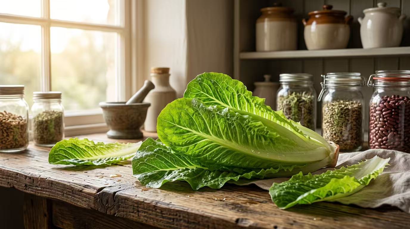 Fresh organic romaine lettuce root and leaves on a rustic kitchen counter - Eattonic TCM food therapy