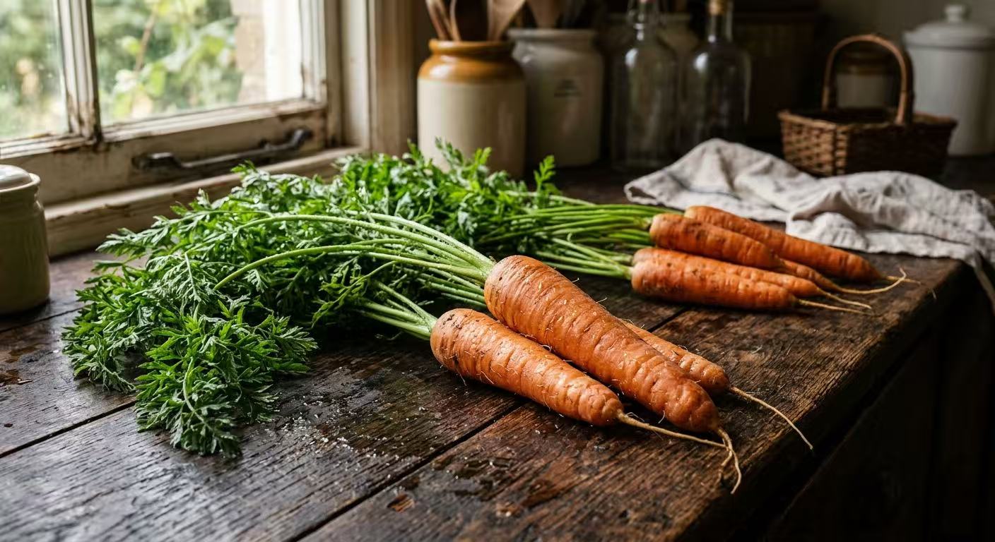 Fresh organic whole carrots with green tops on a rustic table - Eattonic TCM food therapy